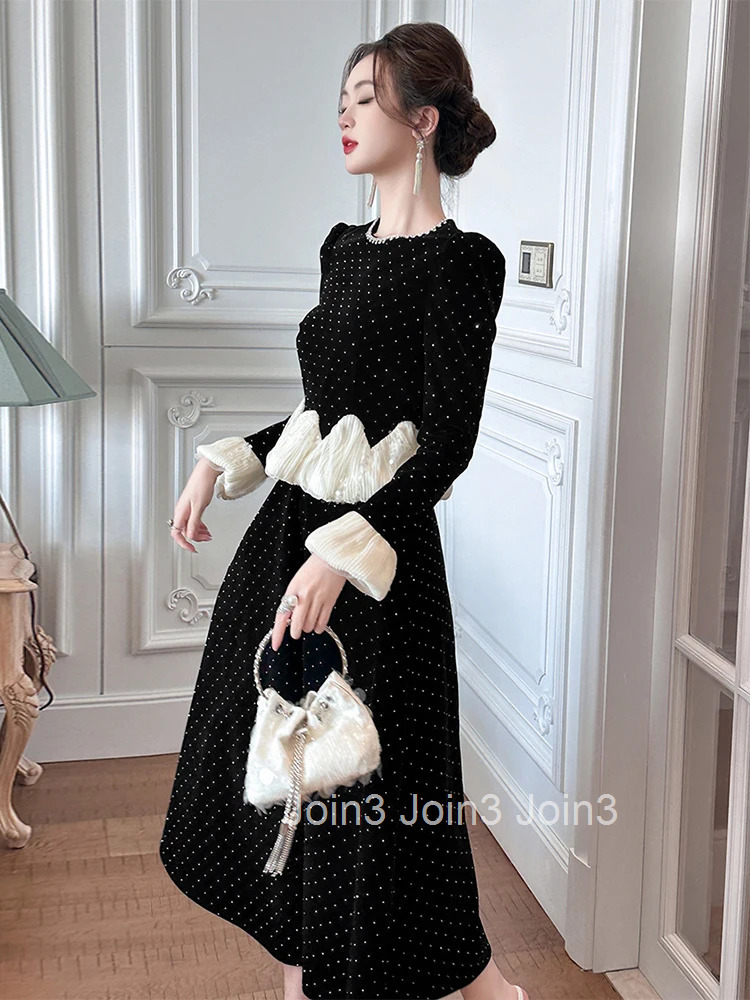 Women Clothes Fake 2-Piece Elegant Luxury Diamonds Black Velvet O-Neck Slim Midi A-Line Dress Fashion Party Prom Vestidos Robe