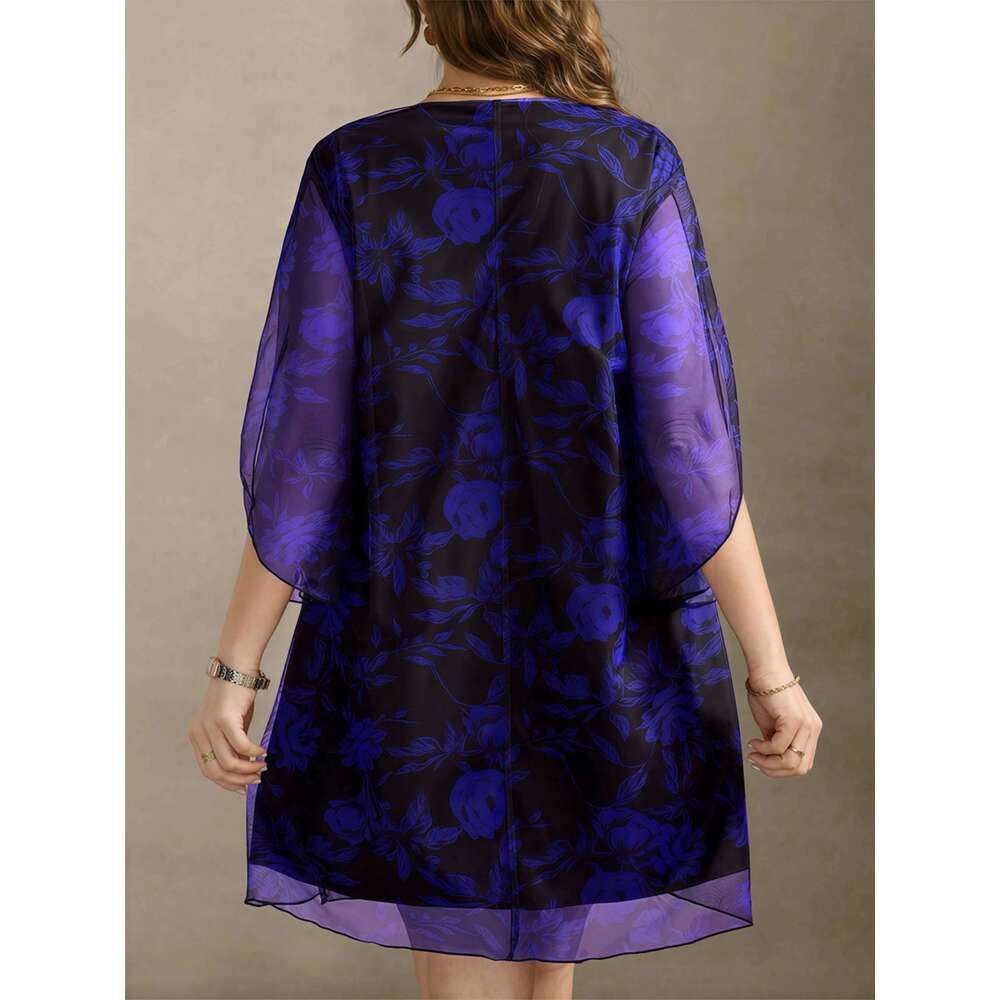 Boho Floral Print Maxi - Layered Mesh V-Neck Plus Size Women's Dress