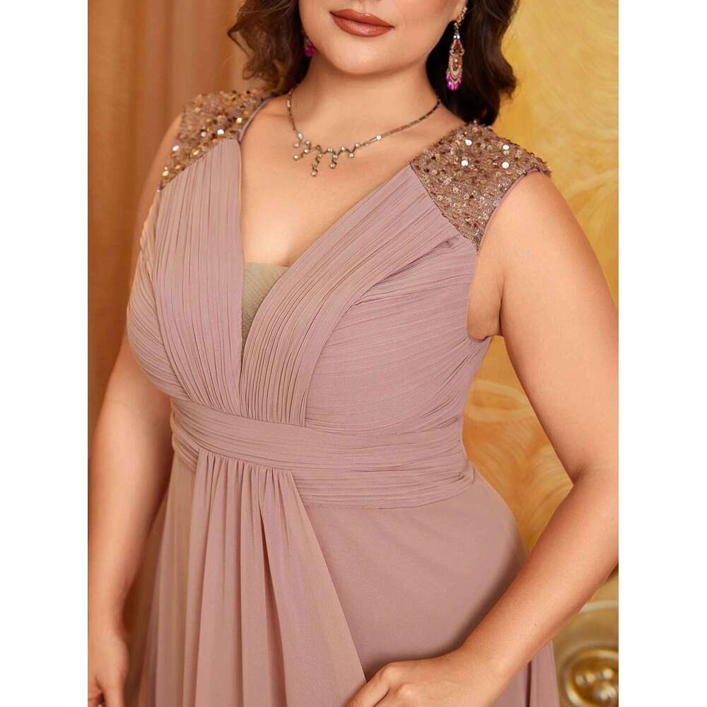 Unithorse Plus Size V-Neck Sleeveless Bust Ruched Sequin Patchwork Chiffon Dress