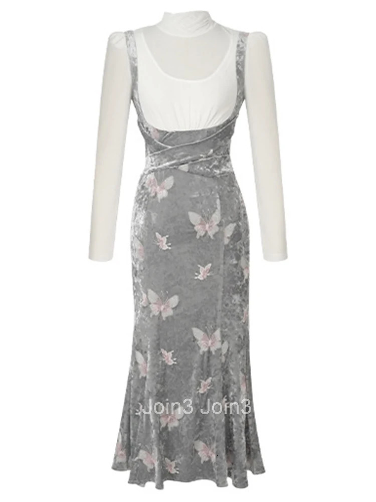 Women Clothes Fake 2-Piece Velvet Embroidery Stand Neck Slim Midi Fishtail Dress Elegant Party Vestido Robe Autumn Winter Casual