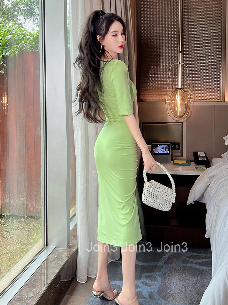 Summer Elegant Women Dress Casual Simple Square Collar Draw String Skinny Slim Midi Club Beach Stretchy Robe Femme Mujer Vestido