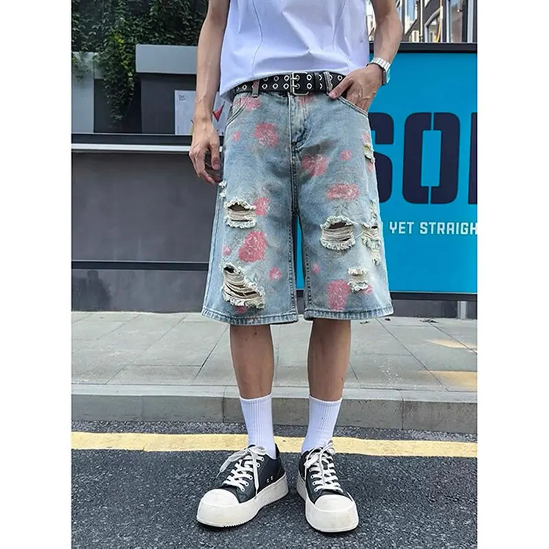 Mens Flower Print Y2k Baggy Ripped Jeans Harajuku Vintage Denim Trousers Japanese 2000s Blue Short Jeans Pants Oversize Clothes 250618
