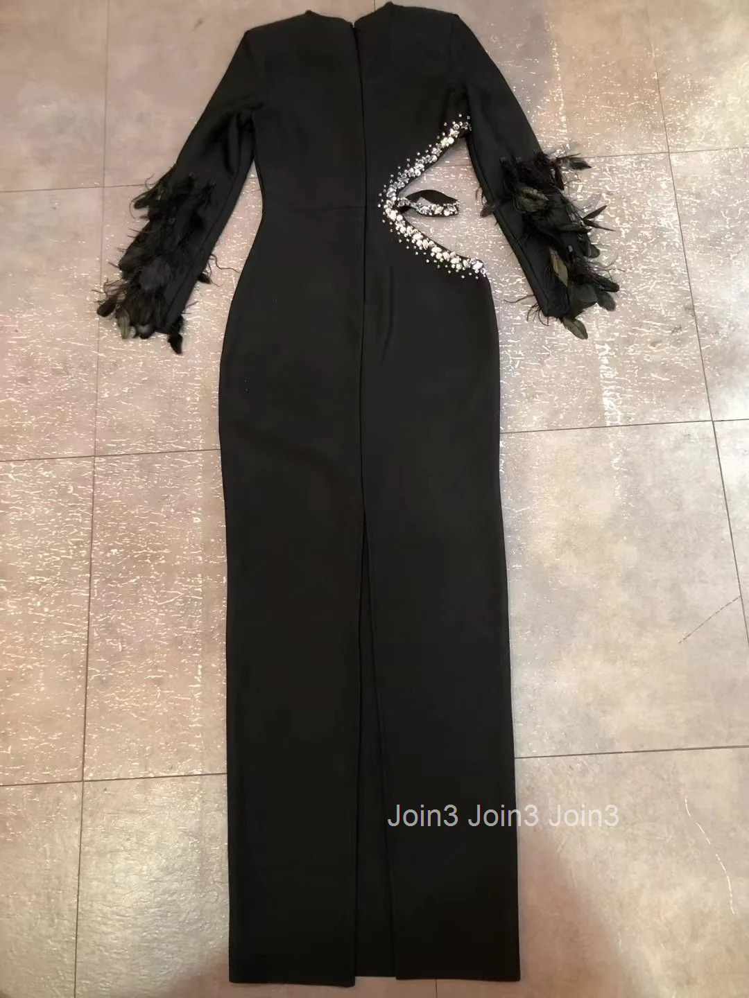 Spring Womens Clothing Elegant Vintage Black Long Sleeves With Feathers Gown Sexy Side Waist Cut Out Rhinestone Bandage Dress
