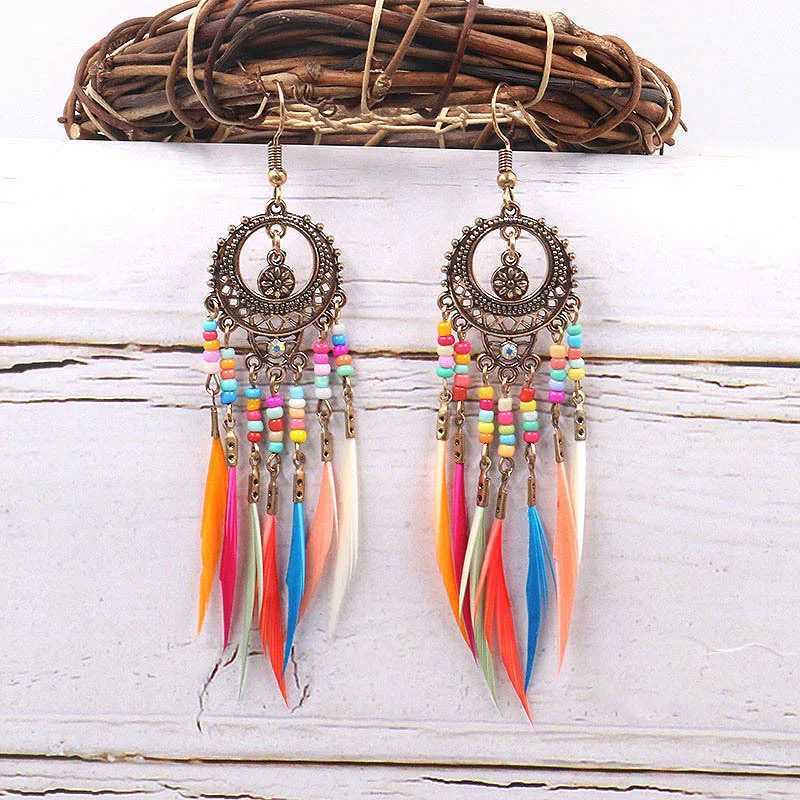 Bohemian Feather Earrings 2024 Ethnic Vintage Rainbow Colorful Beads Feather Tassel Earrings For Women Ethnic Jewelry XJ250623
