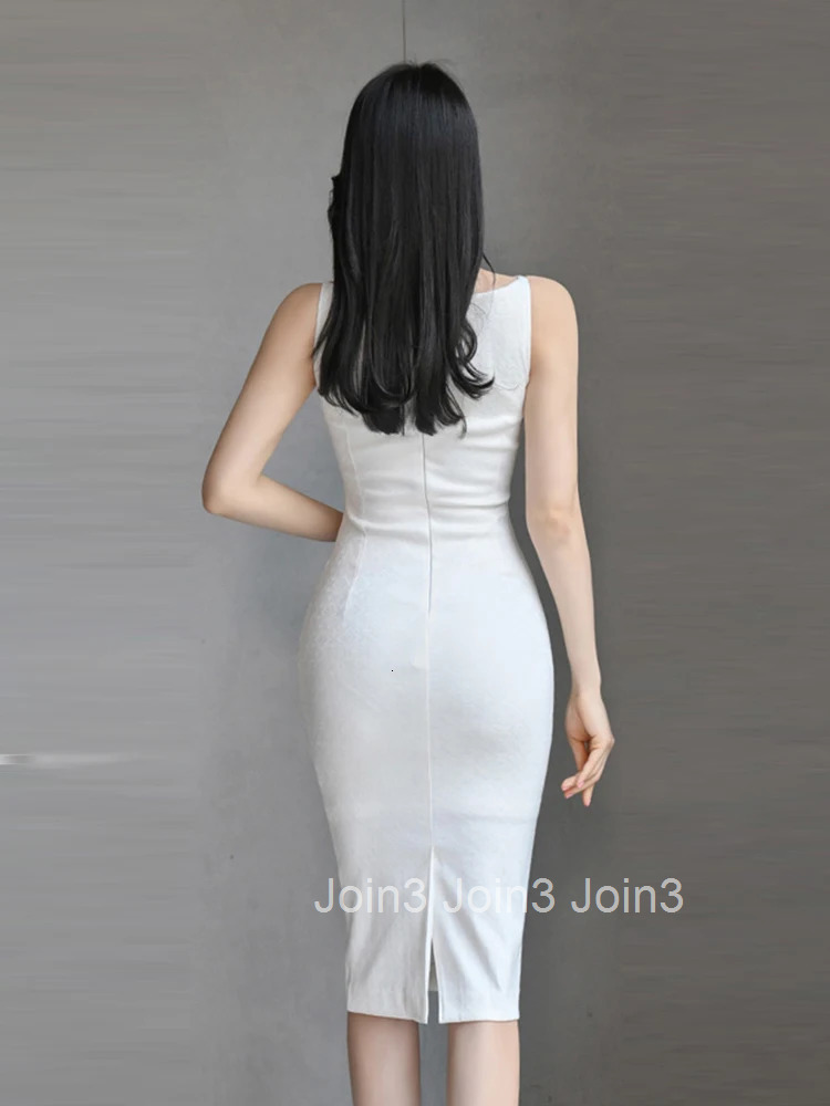 New Summer Fashion White Work Style Formal Pencil Dress Women Clothes Elegant Office Simple Sexy Sleeveless Slim Midi Vestidos