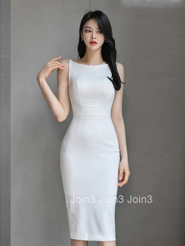 New Summer Fashion White Work Style Formal Pencil Dress Women Clothes Elegant Office Simple Sexy Sleeveless Slim Midi Vestidos