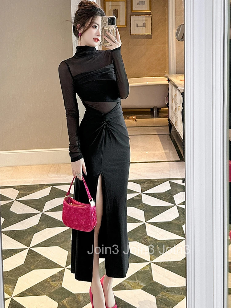 New Fashion Elegant Black Asymmetrical Evening Long Dress Women Clothes Sheer Sexy Long Sleeve Skinny Robe Party Prom Vestidos