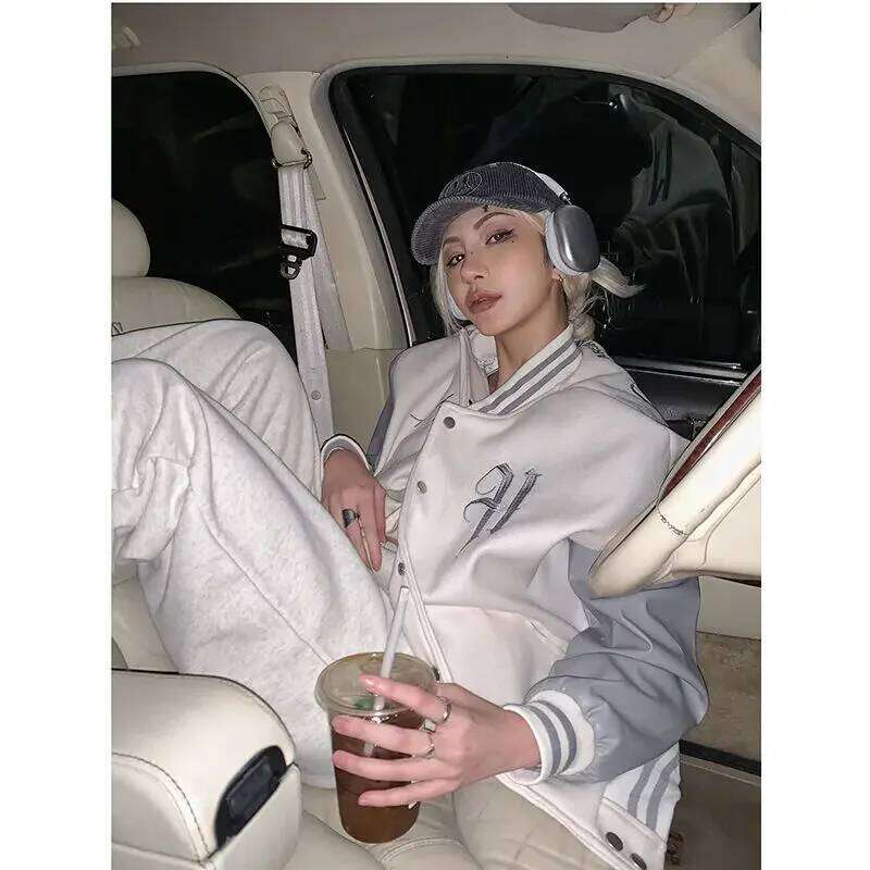 Vintage Embroidery Outerwear Ing Bomber Jackets Traf Varsity Jacket Baseball Uniform Color Contrast Couple Coat For Women