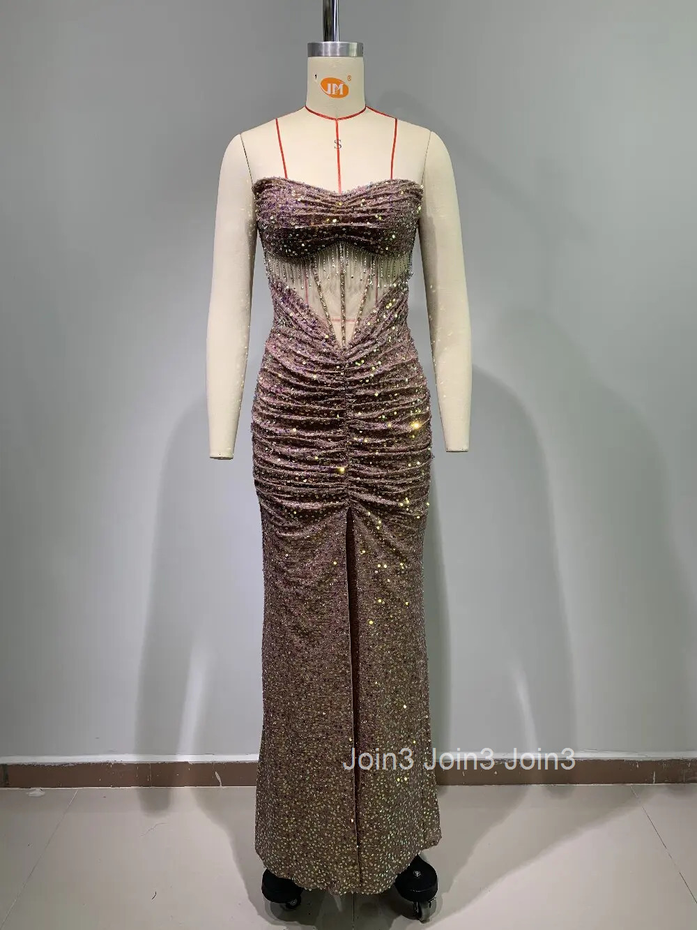 Luxury Super Flash Sequins Diamonds Long Dress Chic Womens Clothing Elegant Golden Split Strapless Dresses Evening Party Gown