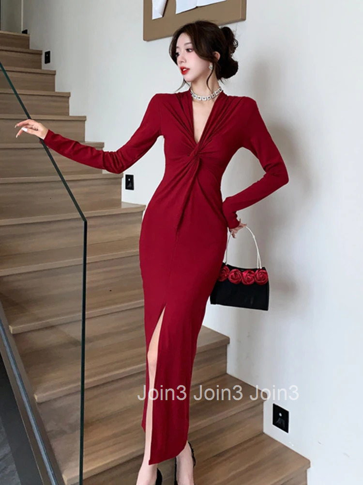 Spring Autumn Fashion Casual Stretchy Long Dress Women Elegant Solid V-Neck Folds Skinny Slit Maxi Robe Vestidos Street Clothes