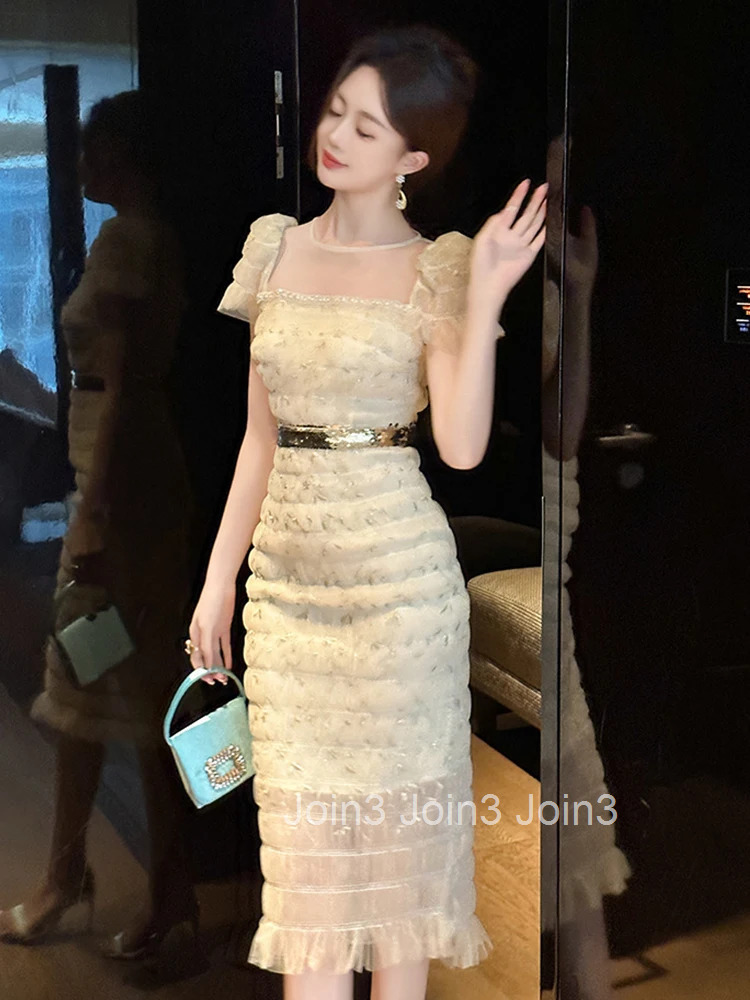 Women Clothes Mesh Embroidery Floral Sexy O-Neck Folds Skinny Evening Dress Elegant Luxury Fashion Party Prom Vestido Casual New