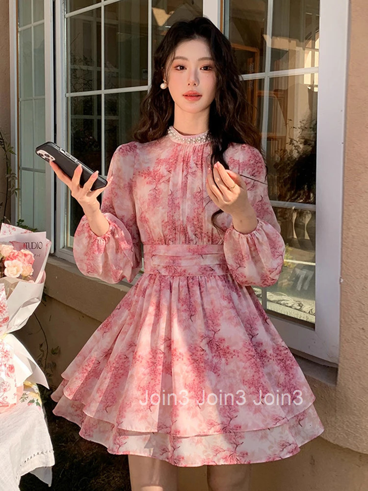 Women Vacation Clothes Sweet Pink Chiffon Floral Print O-Neck Slim Mini Short A-Line Dress Elegant Fashion Party Vestidos Casual