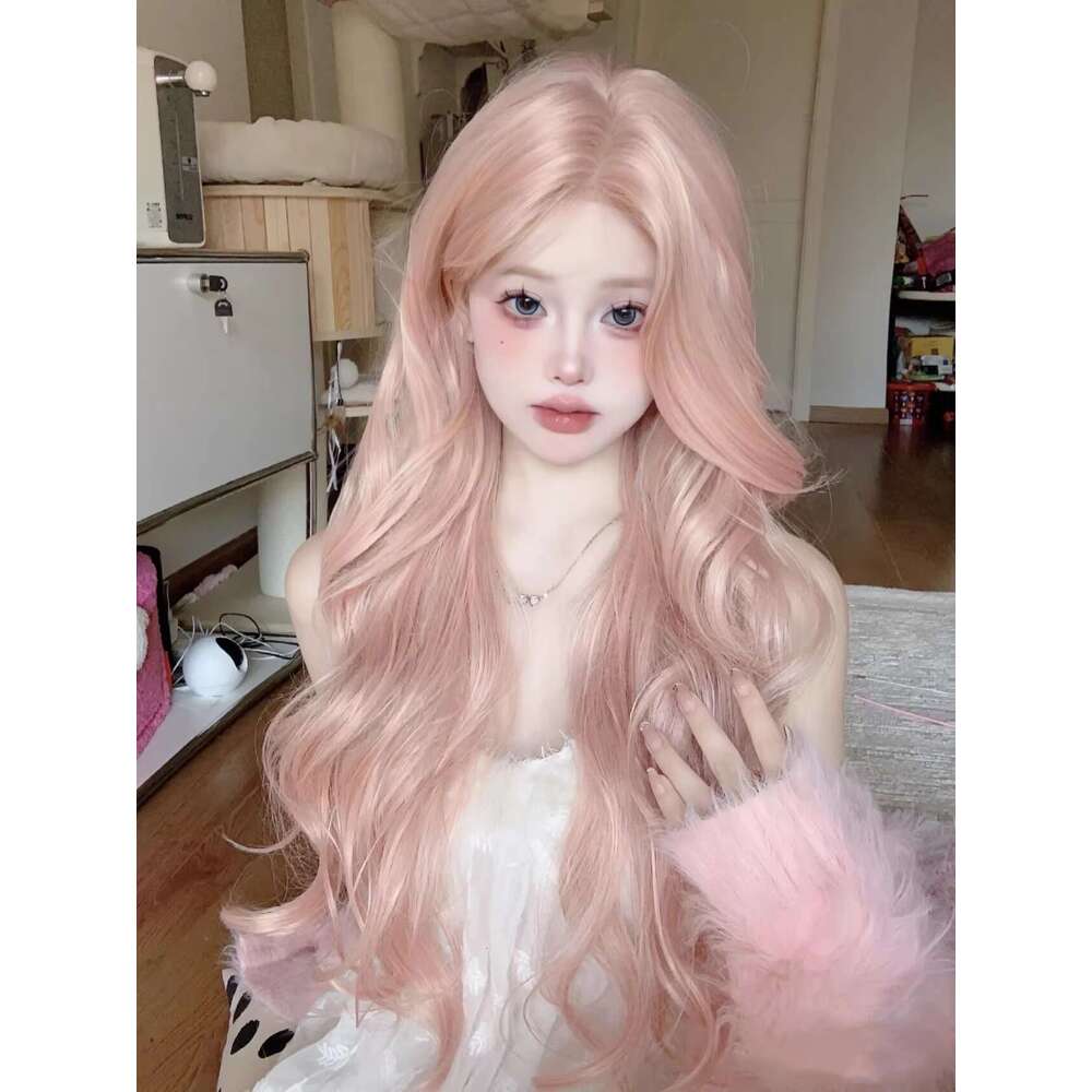 Rose Pink Hair For Women, Middle Part, Bangs, Big Waves, Long Curly Hair, Internet Celebrity Lolita Full Wig