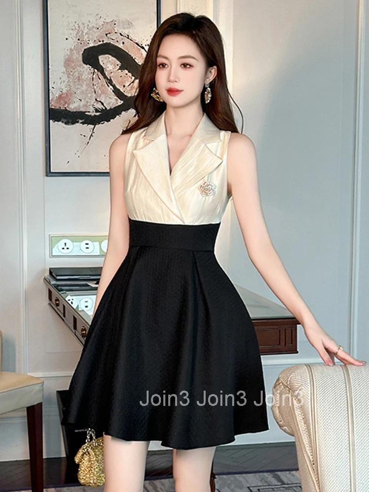 Summer Fashion Retro Fake 2 Pieces Formal Occasion Dress Women Clothes Elegant Sleeveless Slim A-Line Short Party Prom Vestidos