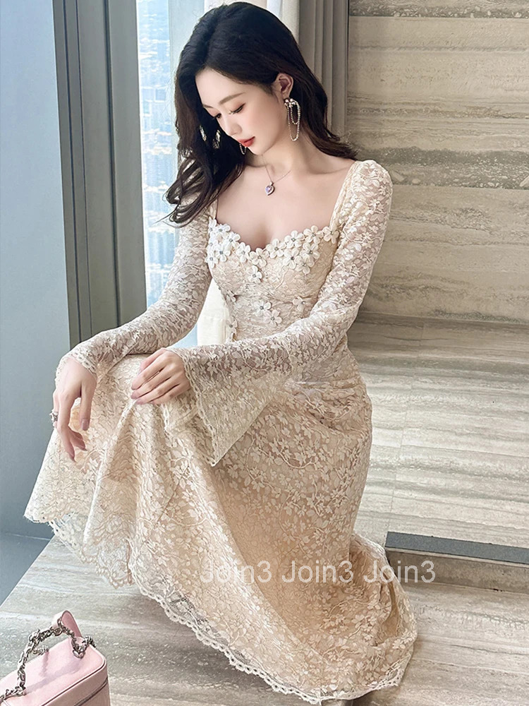 Autumn Fashion Casual Sweet Lace Square Collar A-Line Dress Women Clothes Elegant Flare Sleeve Slim Midi Robe Party Prom Vestido