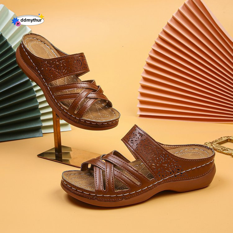 2023 Summer New Women's Shoes One-Strap Wedge Thick Sole Stitched Hollow Large Size Mom Sandals Slippers ddmythur