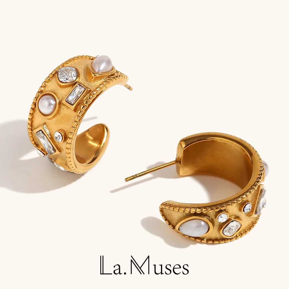 New Luxury Encrusted Shiny Geometric Zircon She ly Pearl C Hoop Stainless Steel Earrings For Women Daily Jewelry XJ250623