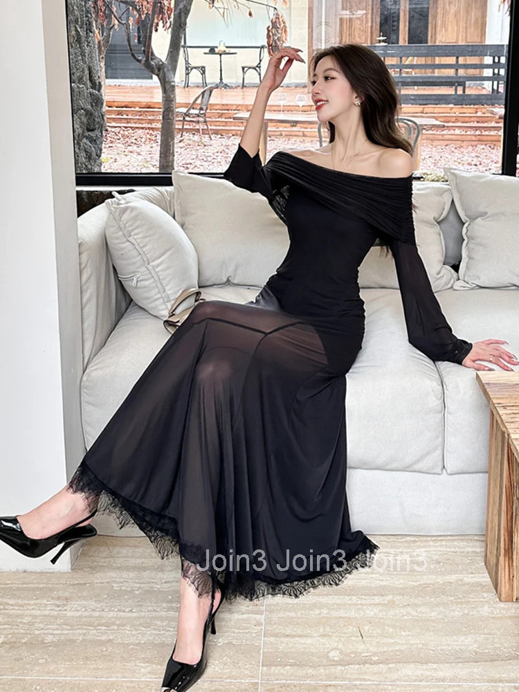 Autumn Fashion Black Mesh Mermaid Long Dress Women Clothes Elegant Sexy Off-Shoulder Skinny Robe Party Club Prom Evening Vestido