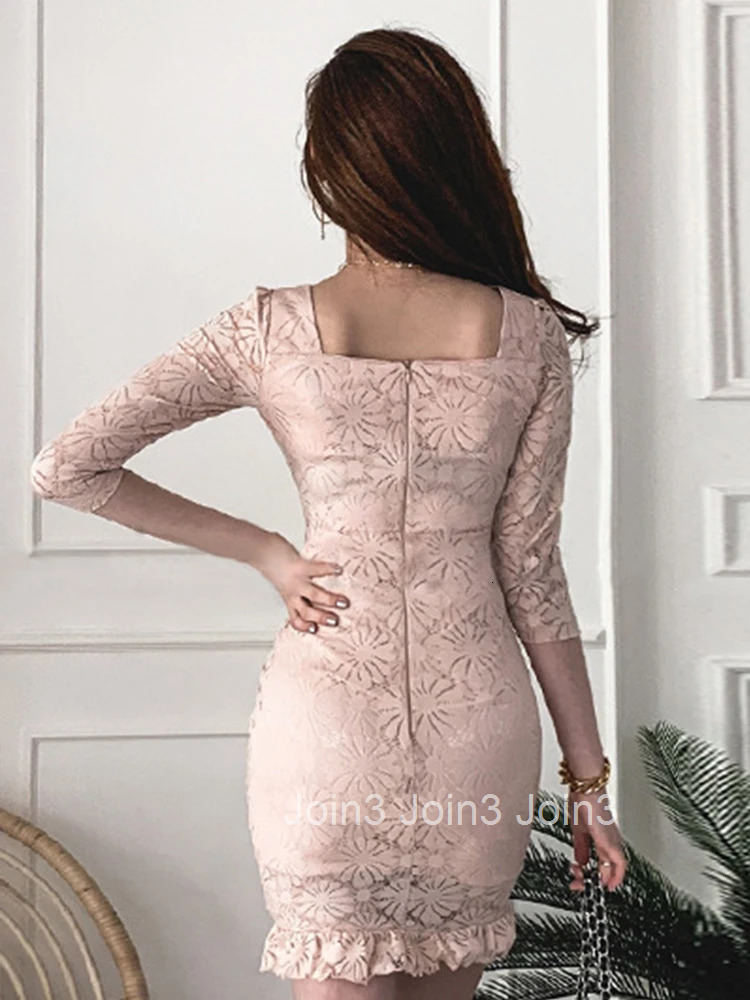 Korean Fashion Lady Hotsweet Lace Floral Skinny Short Dress Women Clothes Sweet Sexy Square Collar Slim Folds Party Prom Vestido