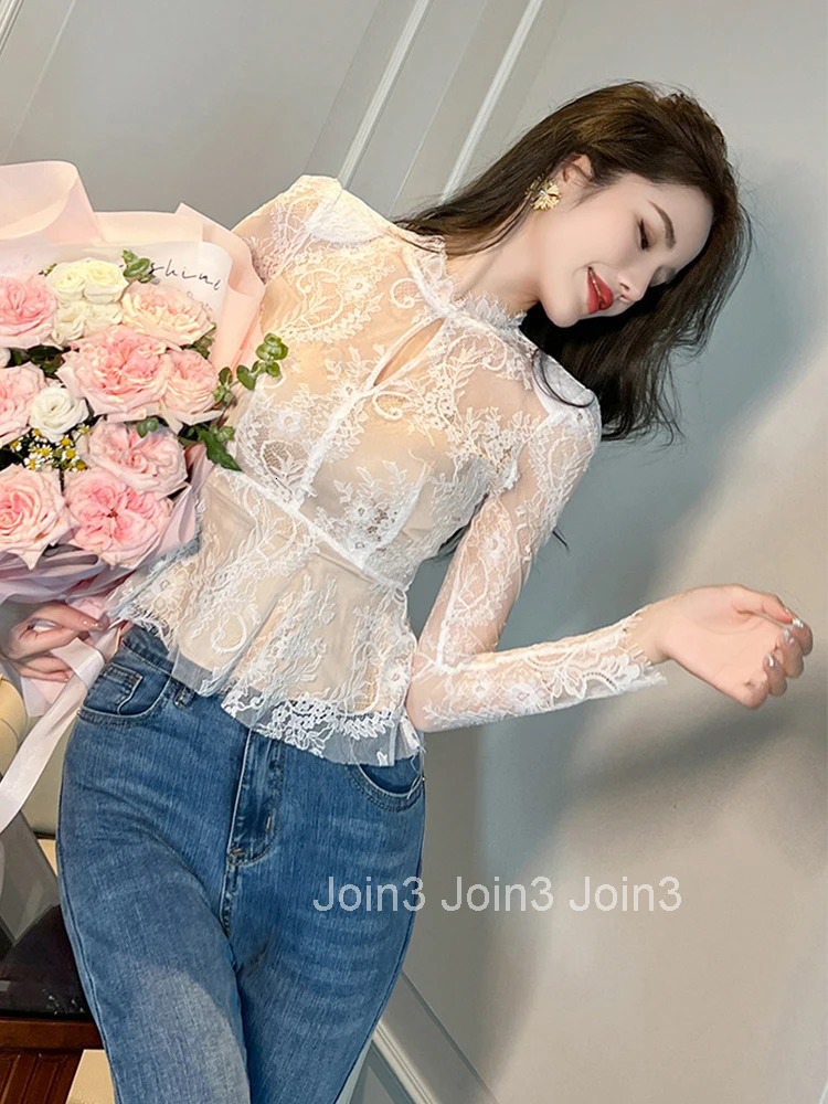 New Spring Autumn Pullover Shirt Women Elegant Lady Chic Lace Sexy Sheer Hollow O-Neck Long Sleeve Slim Mujer Femme Tops Outfits