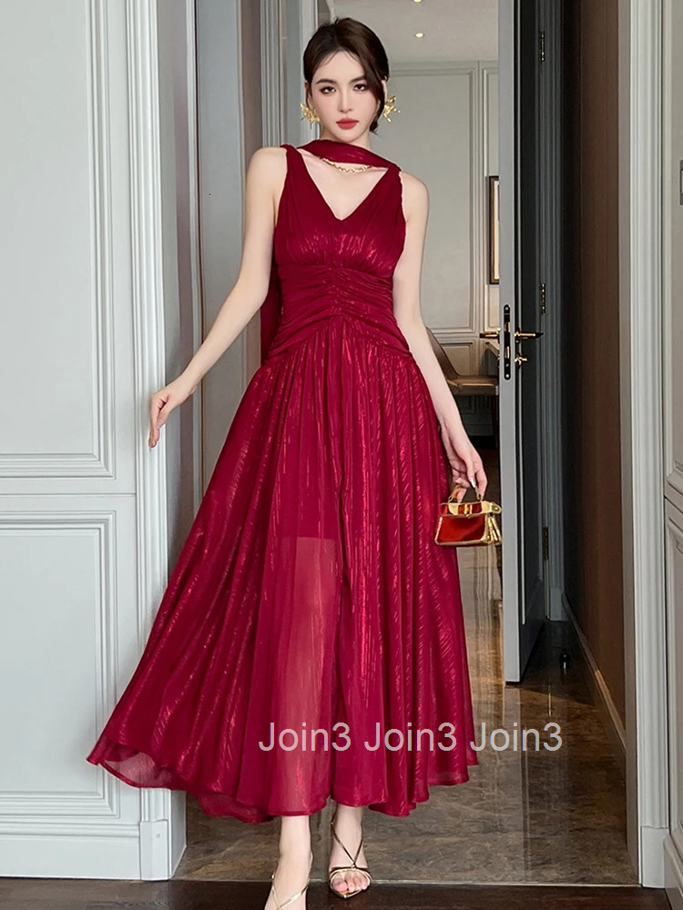 New Summer Chiffon Bright Silk Red Gown Evening Dress Women Clothes Elegant Sexy Tank V-Neck A-Line Maxi Robe Party Prom Vestido