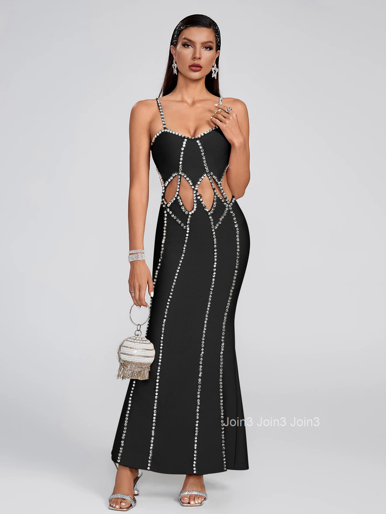 Chic New Womens Clothing Fashion Diamonds Embelling Sling Long Skirt Sexy Hollow Backless Knitting Evening Dinner Bandage Dress