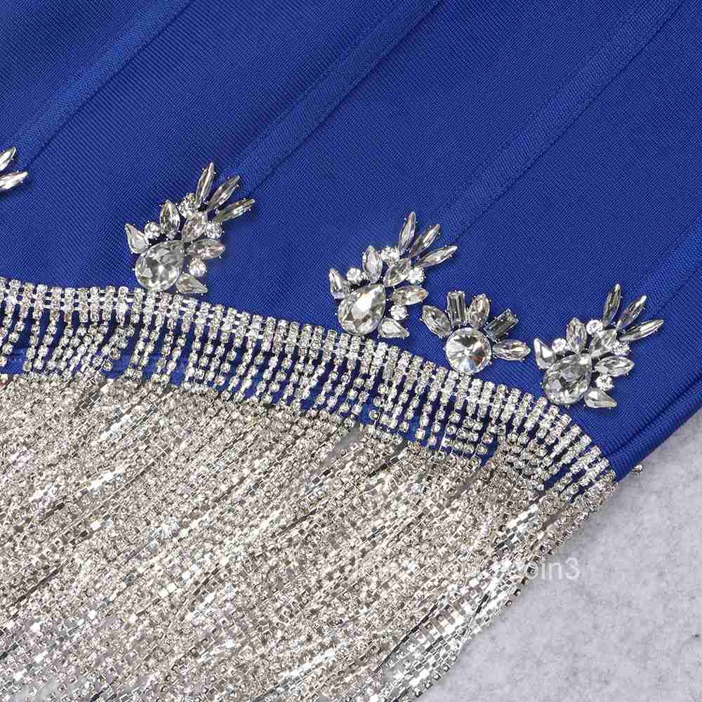 New Women Sexy Strapless Backless Short Bodycon Bandage Dress Silver Jewelry Tassel Chain Elegant Evening Party Red Carpet Gown