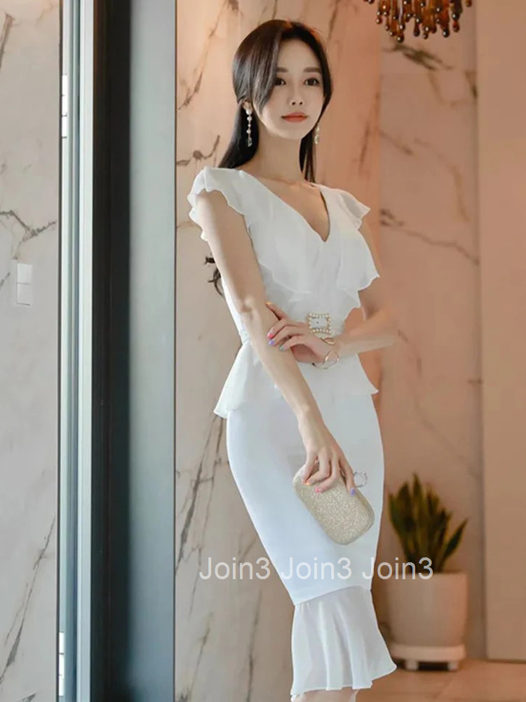 New Summer Fashion White Work Style Formal Mermaid Dress Women Clothes Elegant Office Sweet Ruffle Sexy V-Neck Slim Midi Vestido