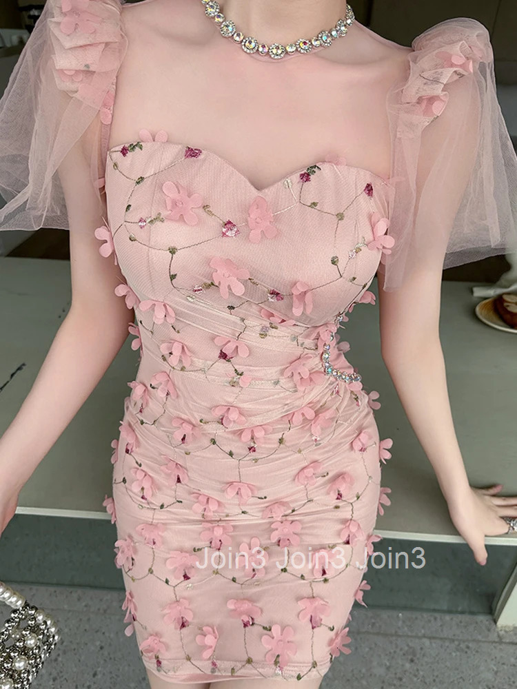 Summer Sweet Pink Floral Vacation Evening Dress Women Clothes Elegant Luxury Sexy Bubble Sleeves Skinny Party Prom Vestido Beach