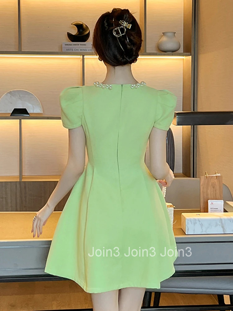 Women Clothes Sweet Pearl Puff Sleeve Slim A-Line Mini Short Dress Elegant Luxury Fashion Evening Party Prom Vestidos Casual New