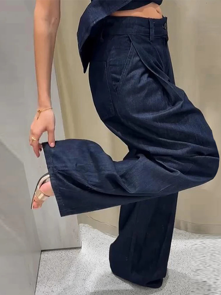 Vintage Denim Pants Suits Set Strapless Top Matching High Waist Wide Jeans Summer Female Chic Casual Daily Two Piece Outfit 250616