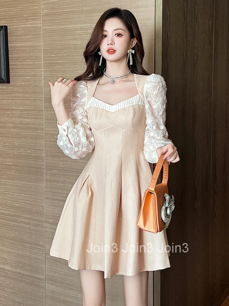 New Autumn Fashion Casual Sweet Square Collar A-Line Short Dress Women Clothing Elegant Lace Patchwork Long Sleeve Slim Vestidos