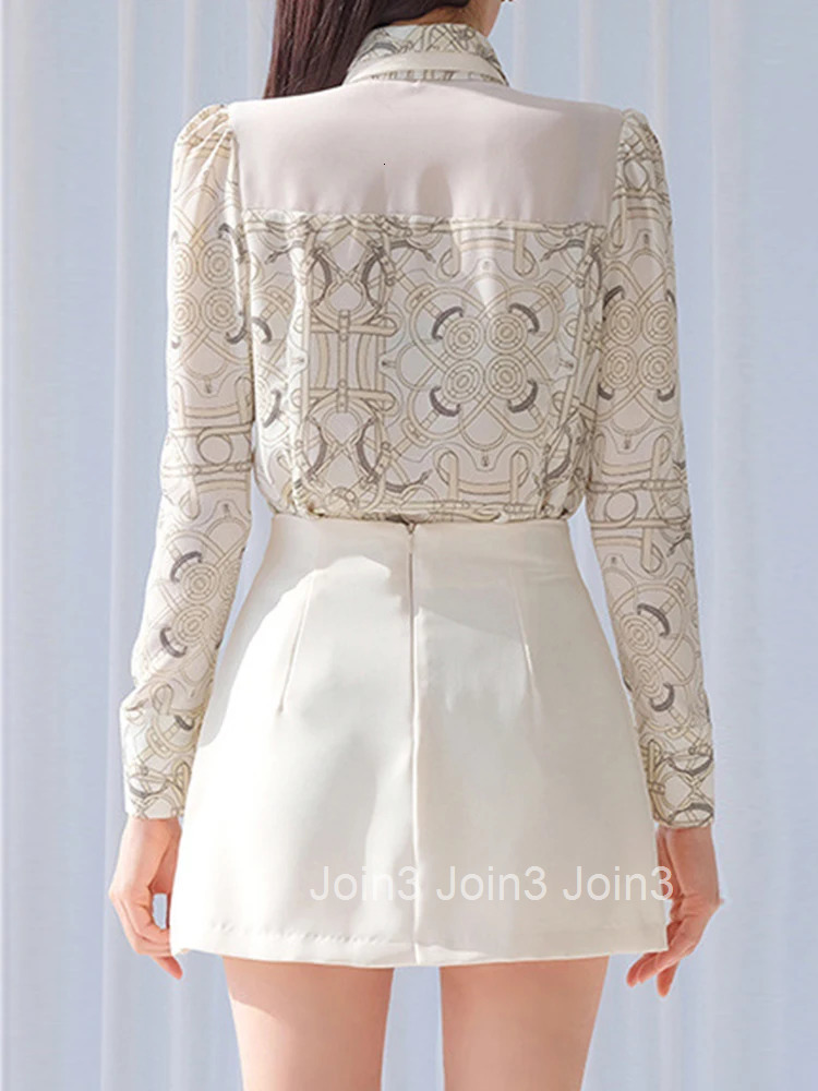 Spring Autumn 2 Pieces Outfits Elegant Office Women Formal Chic Vintage Print Tops Shirt Blouse Femme Short Mini Skirt Mujer Set