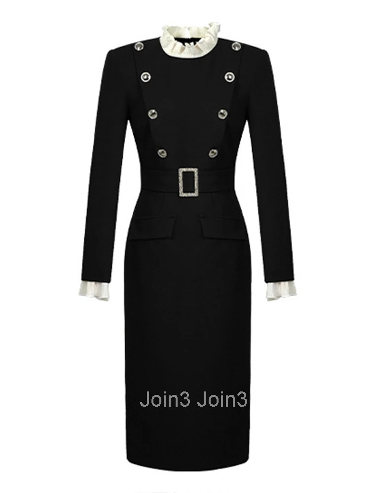 Women Clothes Vintage Black Ruffle Stand Neck Belt Slim Midi Pencil Dress Elegant Commute Fashion Party Vestidos Formal Occasion