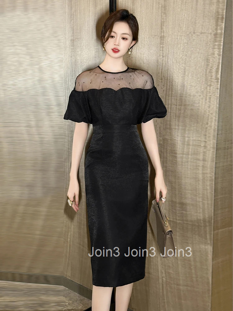 Summer Mesh Splice Bubble Sleeve Evening Dress Women Clothes Elegant Retro Sheer Sexy O-Neck Slim Midi Pencil Party Prom Vestido