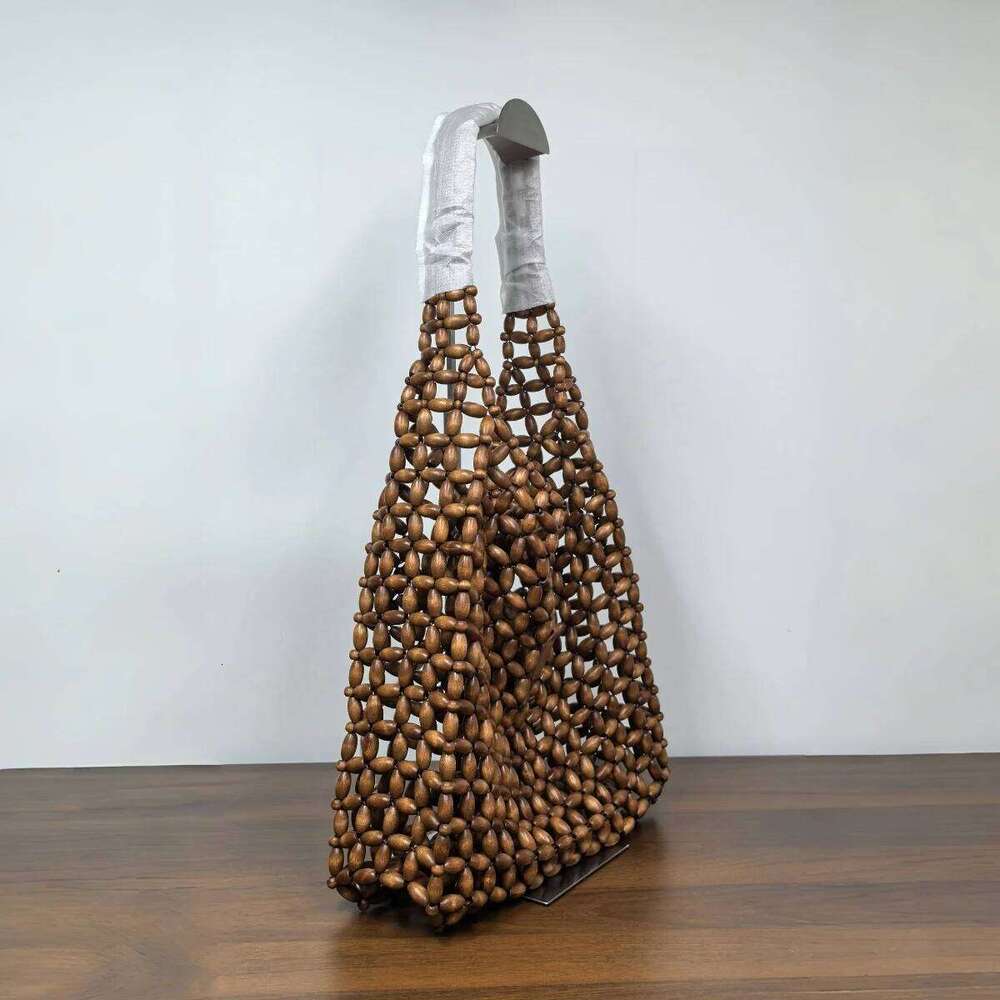 Wooden Bead Handmade Woven 2025 New Retro Design Bags Women's Hollow Out Seaside Travel Hand-held Shoulder Underarm Bag