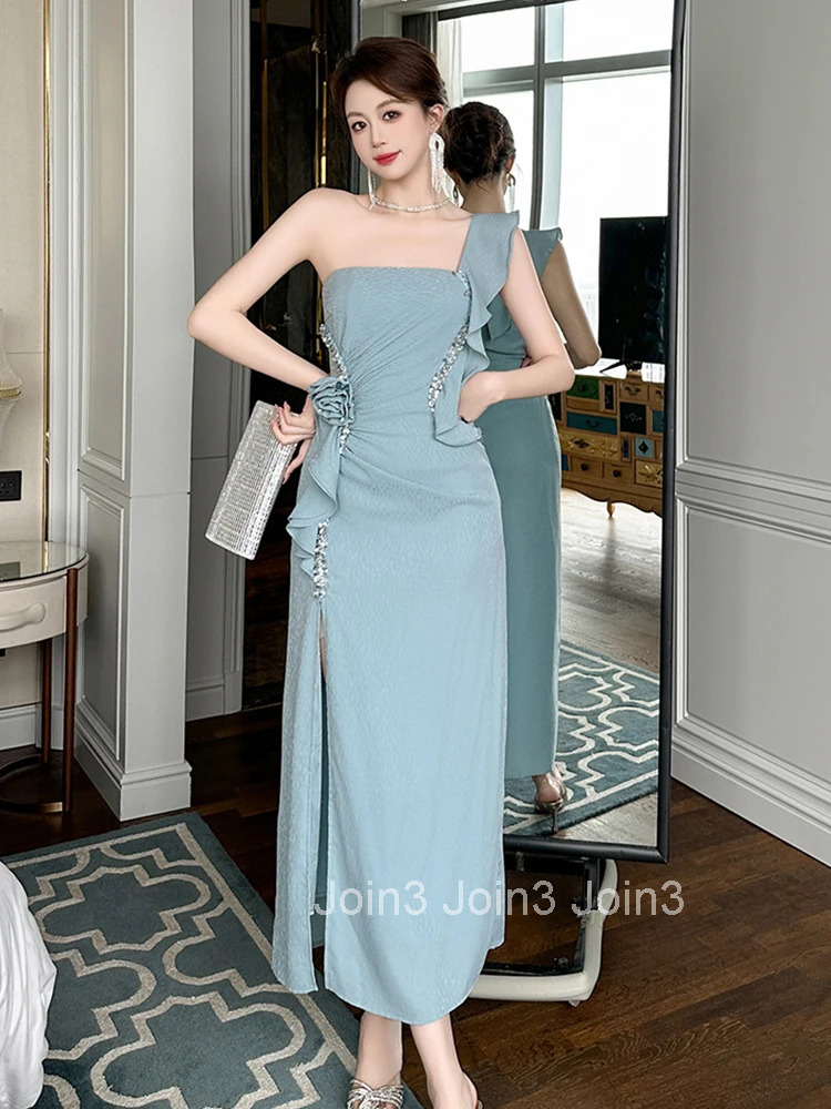 Summer Fashion Elegant Luxury Evening Dress Women Ruffle Sexy Chest Wrapped Slim Maxi Long Party Prom Vestidos Vacation Clothes