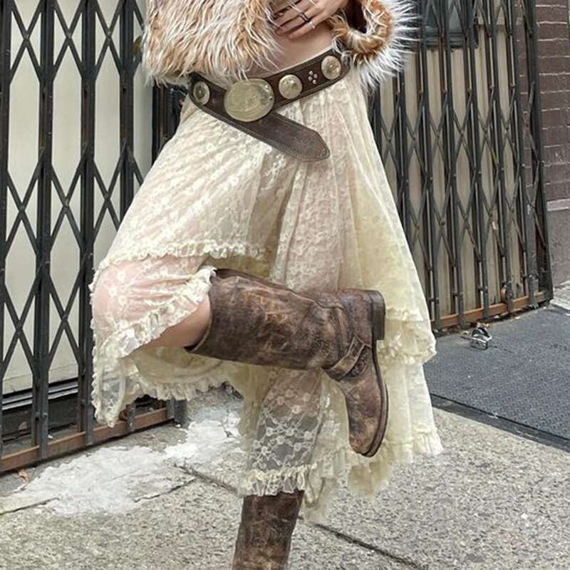 American Style Trendy Lace Irregular Hem Solid Color Midi Summer Thin Long Skirt B5