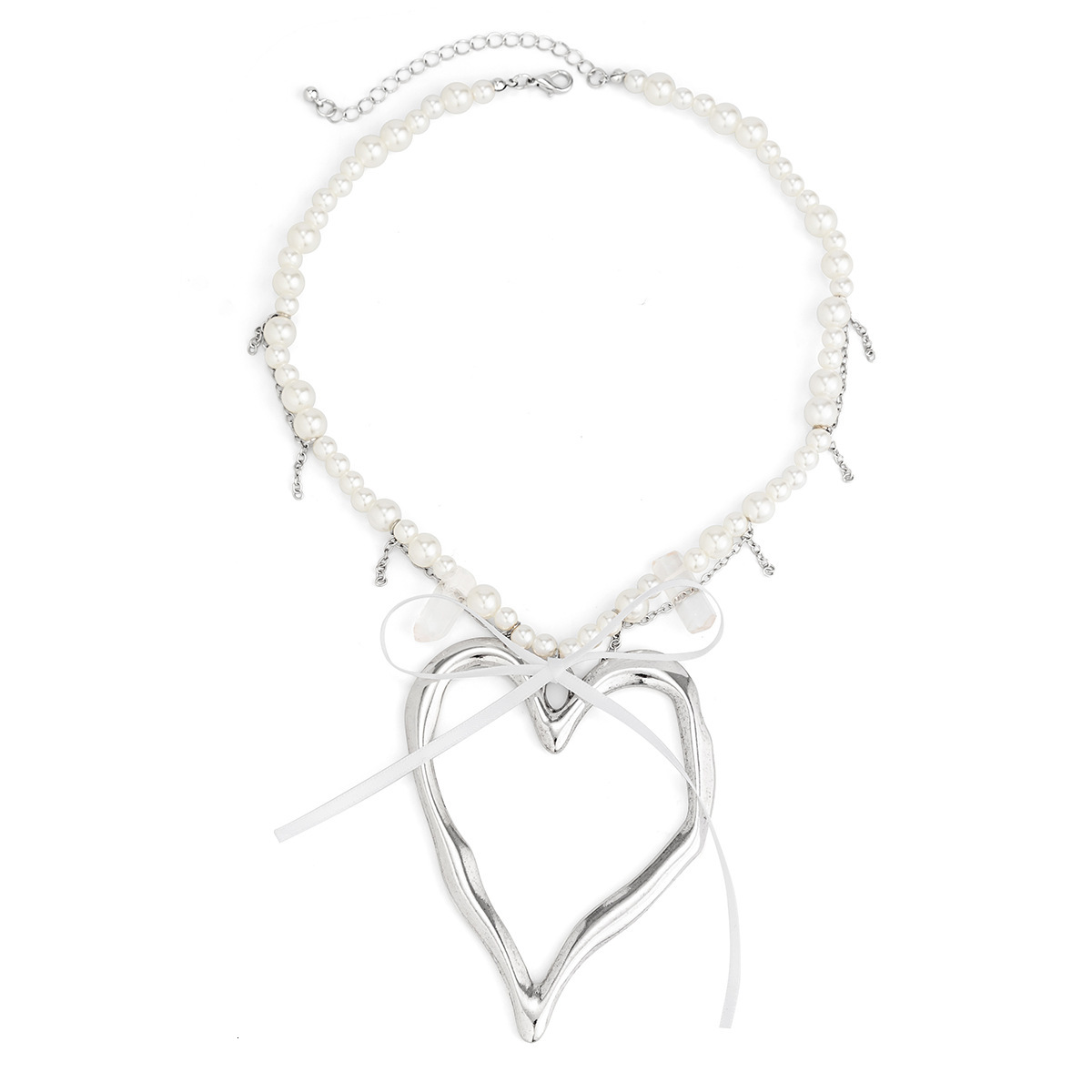 Ins Style Lava Heart Pendant Bowknot Exaggerated Imitation Pearl Elegant Necklace for Women