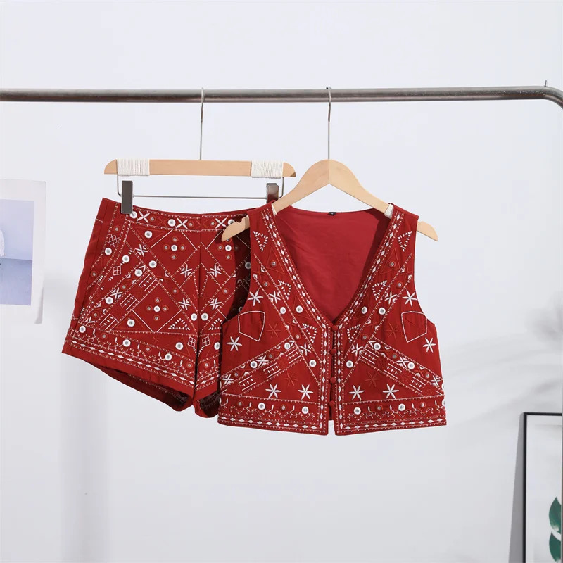 Elegant Embroidery Two Piece Set For Women Fashion V Neck Sleeveless Vest High Waist Shorts Summer Lady Office Suit Outfit 250616