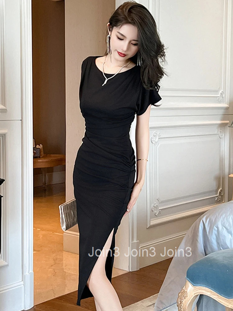Summer Formal Occasion Long Pencil Dress Women Elegant Office Casual O-Neck Wrap Hip Slit Midi Robe Femme Mujer Vestido Clothing