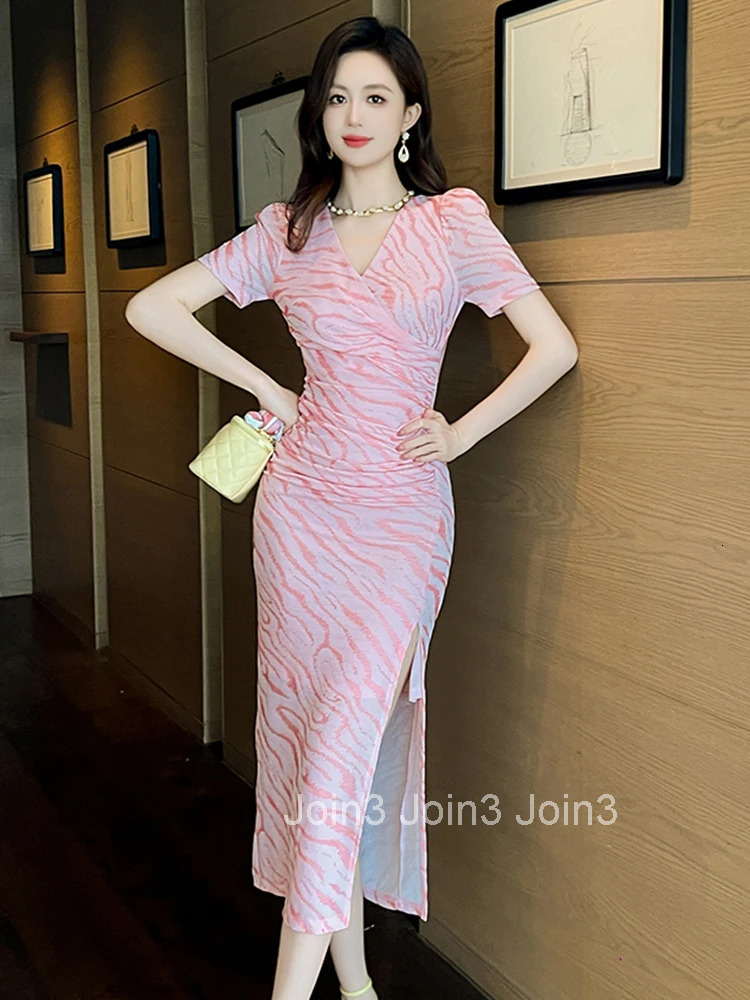 Summer Sweet Pink Striped Stretchy Dress Women Casual Elegant Sexy V-Neck Short Sleeve Skinny Slit Midi Vestidos Street Clothes