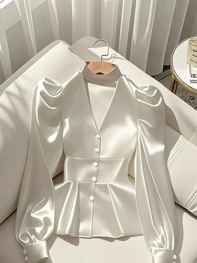 French Elegant Womens Shirt Waist Cinched White Satin Long Sleeve Shirt for Women Temperament Womens Elegant Blouses 250617