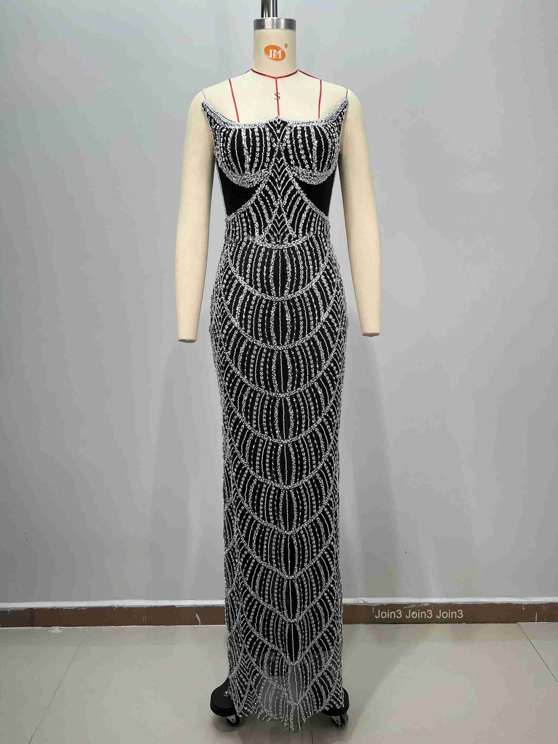 Sexy Backless Sheer Mesh Hollow-out Pearl Strapless Slim Long Evening Gown