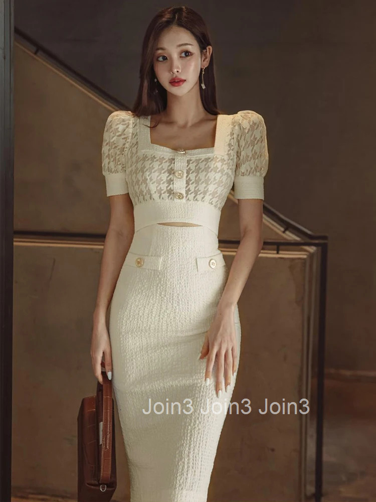 Fashion Summer Evening Dress For Women Chic Retro White Houndstooth Sexy Square Collar Slim Midi Party Mujer Vestidos Robe Femme