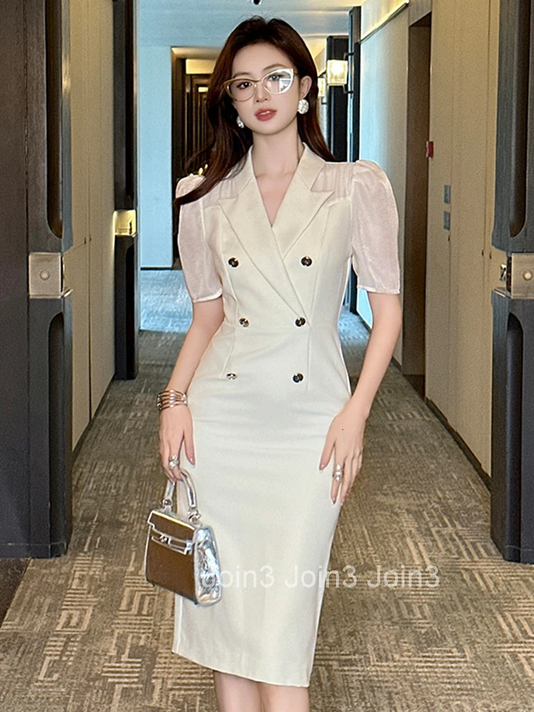 New Summer French Fashion Solid Formal Occasion Pencil Dress Women Clothes Commute Elegant Lady Puff Sleeve Slim Midi Vestidos