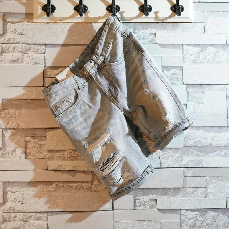 Short Jeans Pants for Men Blue Slim Ripped Mens Denim Shorts Original Streetwear Summer Stretch Korean Fashion Distressed Retro 250617