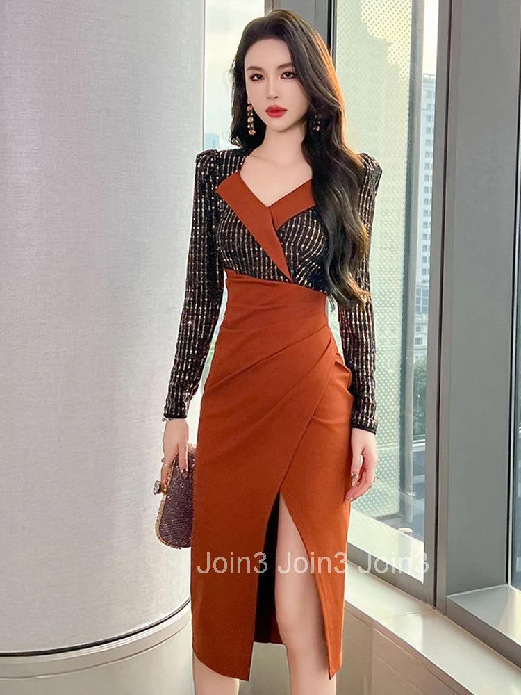 New Spring Fashion Lady Fake 2 Pieces Sequin Splic Pencil Dress Women Clothing Elegant High Waist Slim Wrap Hip Party Vestidos