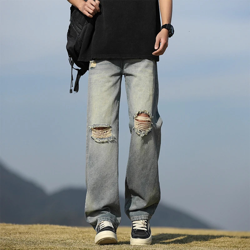 Mens denim pants - Summer American retro straight leg jeans loose and breathable high street fashion ripped casual pants 250617