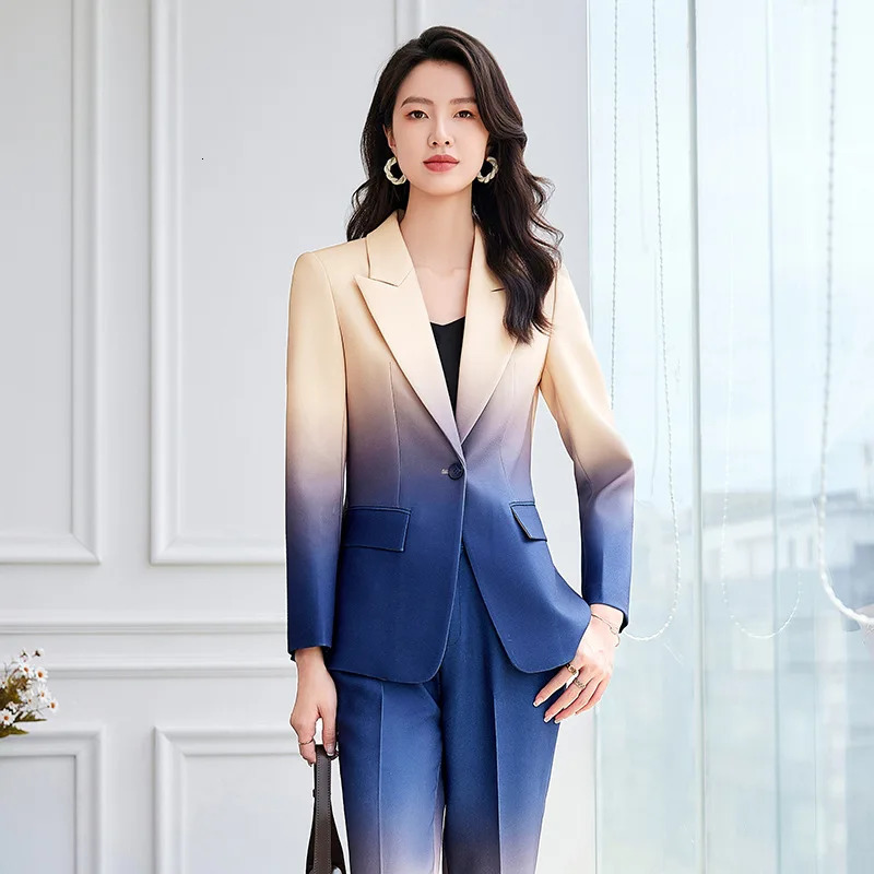 HIGH STREET est Fashion 2024 Suit Set Womens Gradient Color Printed Single Button Blazer Flare Pants 250614